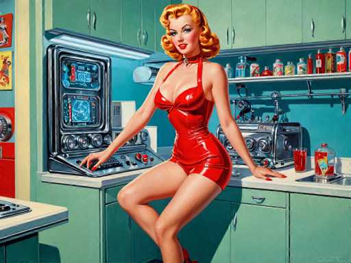 The image depicts a woman wearing a red dress and high heels standing on her tiptoes with her legs crossed over the counter of a kitchen. The kitchen features green cabinets and a blue countertop that is adorned with various bottles and jars.