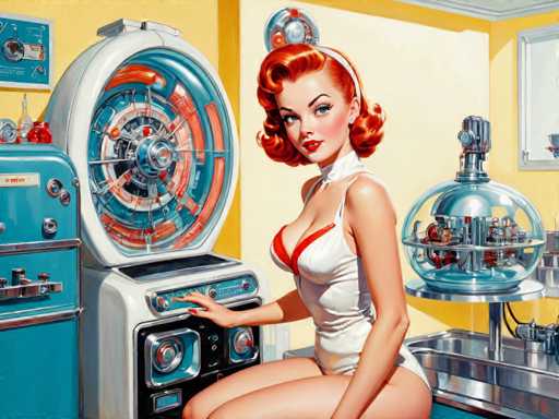 The image depicts a woman with red hair and an orange top sitting on the floor of a room filled with various machines and equipment. The room has a blue refrigerator and a large machine that resembles a clock or a time machine. The background is yellow, providing a warm contrast to the cool tones of the machinery in the foreground.