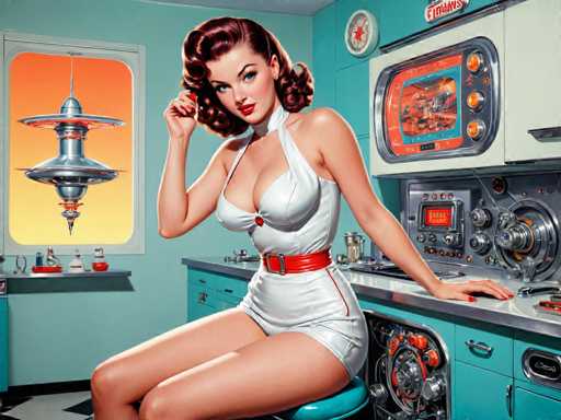 The image depicts a woman wearing a white dress and red belt sitting on a stool at the center of a kitchen with blue walls and a window above it. The kitchen features an oven and sink in the background, suggesting that this is a modern, well-equipped space designed for cooking and food preparation.