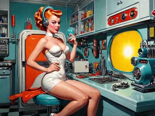 The image depicts a woman wearing a white dress and red lipstick seated at a desk with various objects on it, including a radio, a clock, and a telephone. The background is painted in shades of blue and green, creating an industrial or vintage atmosphere.
