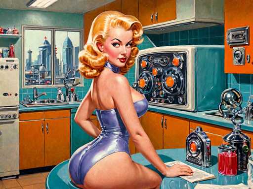 The image depicts a woman with blonde hair and an orange dress seated at a kitchen counter. The kitchen features a blue backsplash and a large window that offers a view of the city skyline. On the counter are various objects including a red cup, a silver teapot, and a black camera.