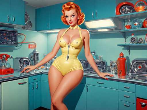 A woman with red hair and a yellow dress stands in front of a kitchen sink filled with dishes, wearing a gold sequin dress that sparkles under the light. The kitchen is painted in a soothing blue color, and various appliances are scattered around it, including an oven on the left side and a refrigerator on the right side.