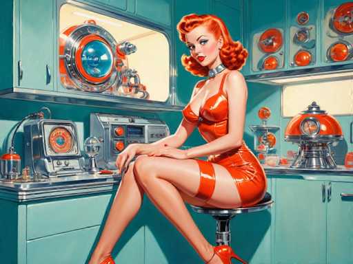The image depicts a woman wearing an orange dress and high heels sitting on a stool in front of a kitchen counter with various appliances such as a radio, a clock, and a sink. The background is painted in shades of blue and green, creating a vintage atmosphere reminiscent of the early 20th century.