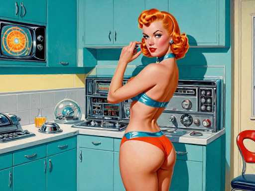 The image depicts a woman with red hair and an orange bikini top standing in front of a kitchen counter. She is holding a phone up to her ear while wearing a blue bikini bottom. The kitchen features blue cabinets and a white stovetop oven.