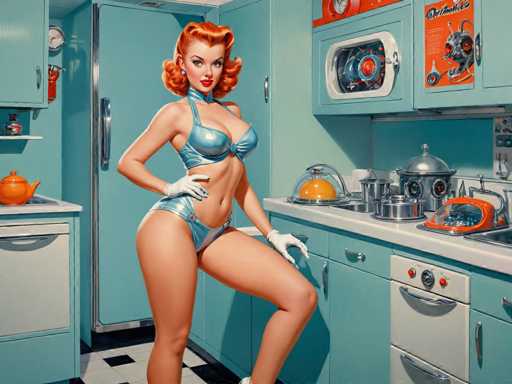 A woman with red hair and a blue bikini top is standing in front of a kitchen sink and stove, wearing white gloves on her hands.