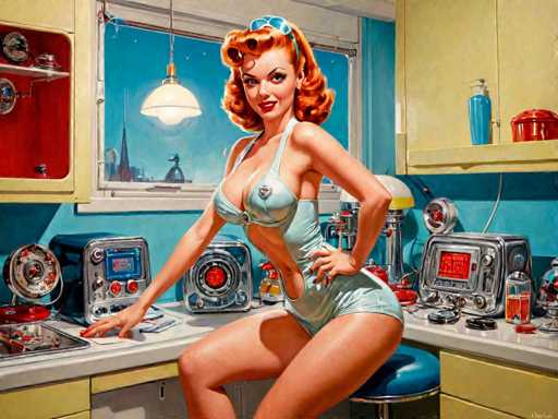 The image depicts a woman with red hair and an orange dress standing on a stool next to a kitchen counter filled with various appliances including a microwave, ovens, and a blender. The background features a blue wall with a window that offers a view of the city skyline.