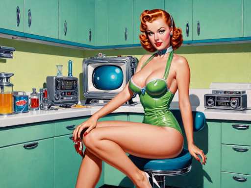 A woman with red hair and a green dress is seated on a blue stool in the center of a kitchen. The kitchen features a green countertop, white cabinets, and various appliances including an old-fashioned television set, radio, and blender.