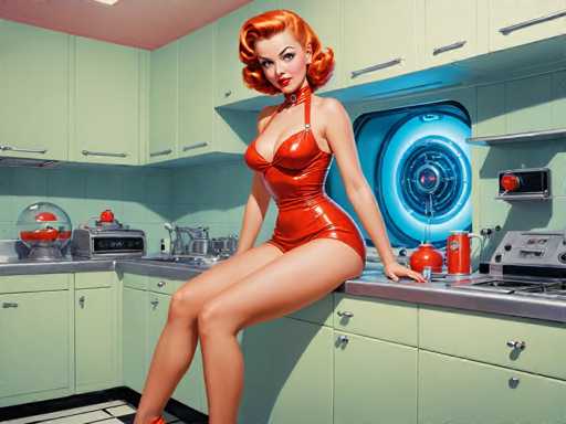 A woman with red hair and an orange dress is sitting on a kitchen counter next to a sink. The kitchen has green cabinets and white appliances, including a stove top oven and a dishwasher.