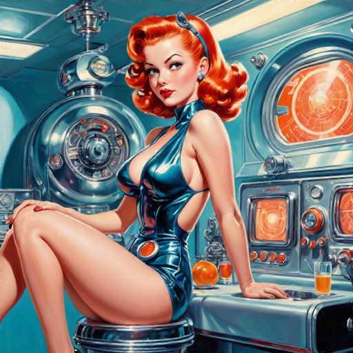 The image depicts a woman with red hair and an orange dress sitting on a stool next to a control panel of a spaceship. The background features a large metal machine that appears to be part of the ship's propulsion system.