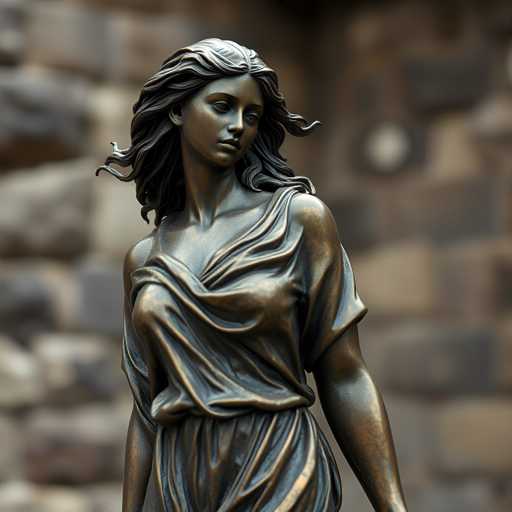 A bronze statue of a woman with long hair and flowing dress stands on a stone pedestal against the backdrop of an old brick wall. The statue is captured from a low angle, emphasizing its grandeur and stature.