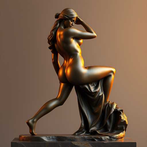 The image shows a bronze statue of a nude woman with long hair and a flowing dress, positioned on a black pedestal against a white background. The statue is facing the viewer directly, with her left hand resting on her hip and her right hand raised to her head in a gesture of contemplation or prayer.