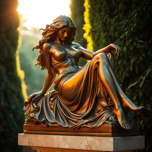 A bronze statue of a woman with long hair and a flowing dress is seated on a pedestal in the center of the image. The statue is facing towards the right side of the image.