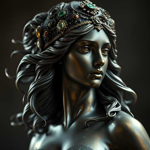 The image shows a close-up view of a statue of a woman's head and shoulders. The statue is made from metal and features intricate details such as a crown on the top of her head adorned with jewels. The background is dark, which contrasts with the silver color of the statue and makes it stand out prominently.