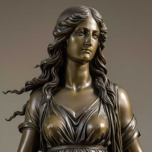 The image shows a bronze statue of a woman with long hair and a flowing dress. The statue is positioned on the left side of the frame against a plain gray background.