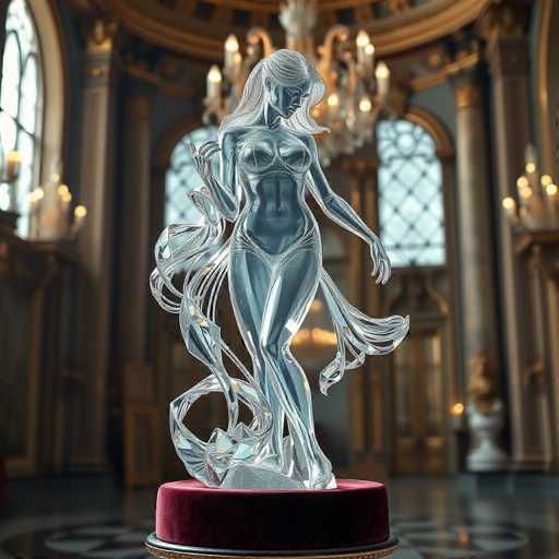 The image shows a glass sculpture of a woman with long hair and a flowing dress standing on a red platform. The sculpture is illuminated by chandeliers hanging from the ceiling, creating an ethereal glow around it.