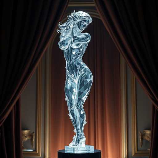 A glass sculpture of a woman with long hair and a dress stands on a black pedestal against a brown curtain backdrop.
