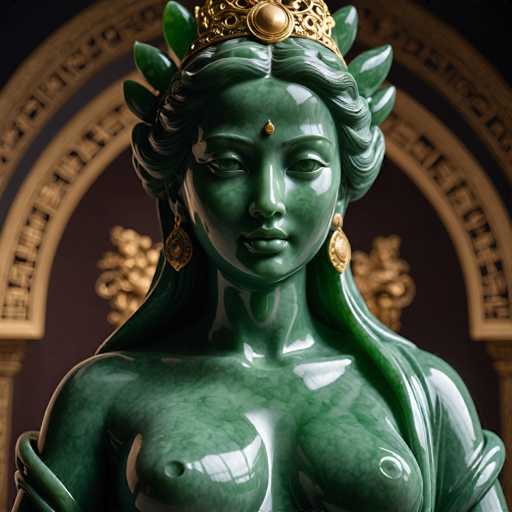 The image shows a close-up view of a statue of a woman with long hair and green skin. The statue is adorned with gold accents, including a crown on her head that has a yellow gemstone at the center. The background features an archway with intricate designs, adding to the overall aesthetic appeal of the scene.
