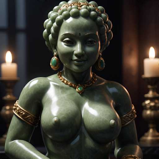 The image shows a statue of a woman with a green body and gold accents. The statue is positioned against a dark background, which contrasts with the light from two candles placed on either side of it. The woman's face is turned towards the camera, giving her a direct gaze.