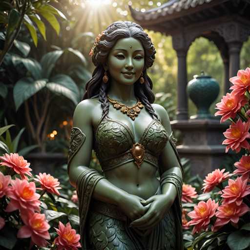A statue of a woman with long dark hair and gold jewelry stands in front of pink flowers in a garden setting. The statue is wearing a green dress and has her hands clasped together in front of her.