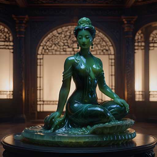 The image shows a statue of a woman sitting on her hands and knees with her legs crossed. The statue is made of green glass and has a gold-colored headdress. It is placed in front of an archway that leads to another room within the building.