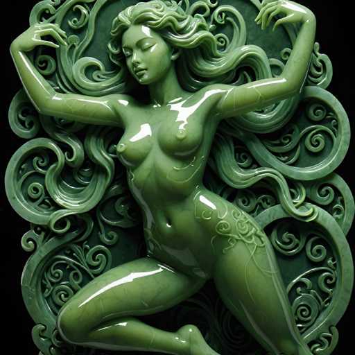 The image shows a statue of a woman with long hair and green skin. The statue is made from a material that appears to be either stone or metal, giving it an antique appearance. The woman's pose suggests she is in the middle of a dance or movement, as her arms are raised above her head.