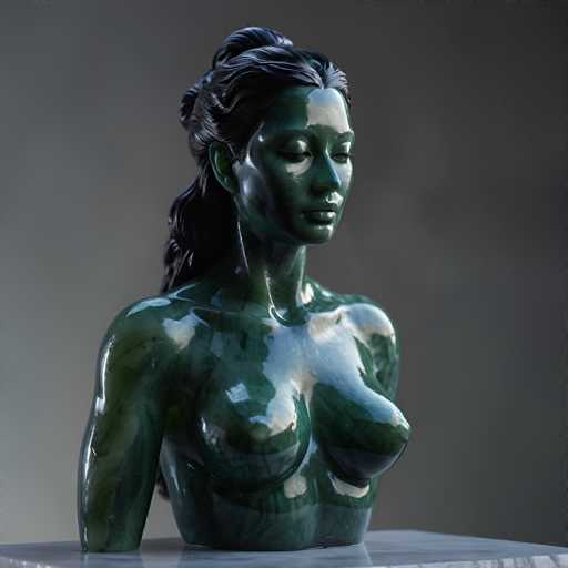 The image shows a green ceramic bust of a woman's head and shoulders. The bust is positioned on a white marble pedestal against a gray background.