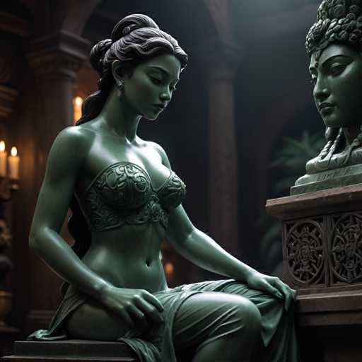 The image shows two statues - a green statue of a woman and a bronze statue of a woman. The woman in the green statue is seated on a bench with her hands resting on her knees, while the woman in the bronze statue stands behind her. Both statues are located within an ornate room with columns and arches, creating a sense of grandeur and elegance.