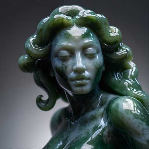 The image shows a statue of a woman with long hair and green eyes. The statue is made from a material that appears to be glass or porcelain, giving it an ethereal quality. The statue is positioned in the center of the frame against a gray background, which contrasts with its vibrant color.