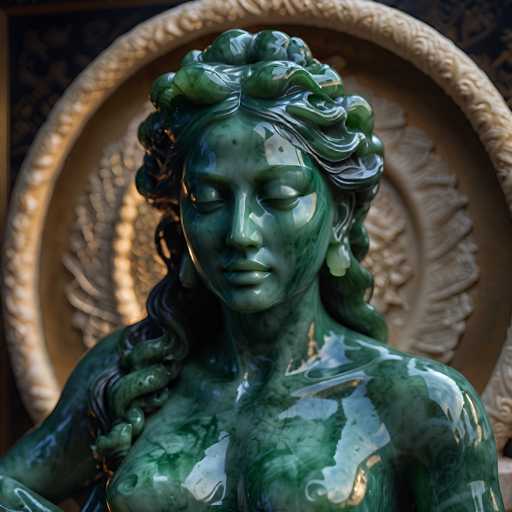 The image shows a statue of a woman with green and white hues. The statue is positioned on the left side of the frame, facing towards the right. The background features a gold circle adorned with intricate designs.