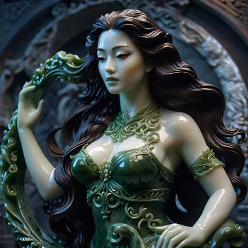 The image shows a statue of a woman with long hair and dark skin. The statue is made from green material and features intricate designs on the chest area. The woman's pose suggests she is in a dynamic or active stance.