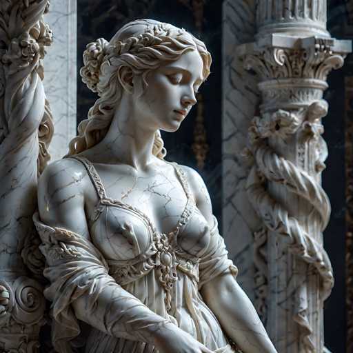 The image shows a statue of a woman with long hair and a flowing dress, positioned on the left side of the frame. The statue is made of white marble and depicts a female figure in a seated position, facing to the right. The background features a black and white color scheme, with a column on the right side and another column on the left side.
