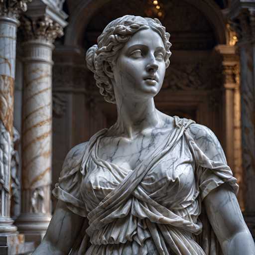 The image shows a marble statue of a woman with her arms crossed and a serious expression on her face. The statue is set against the backdrop of an ornate archway, which is part of a larger architectural structure that includes columns and other decorative elements.