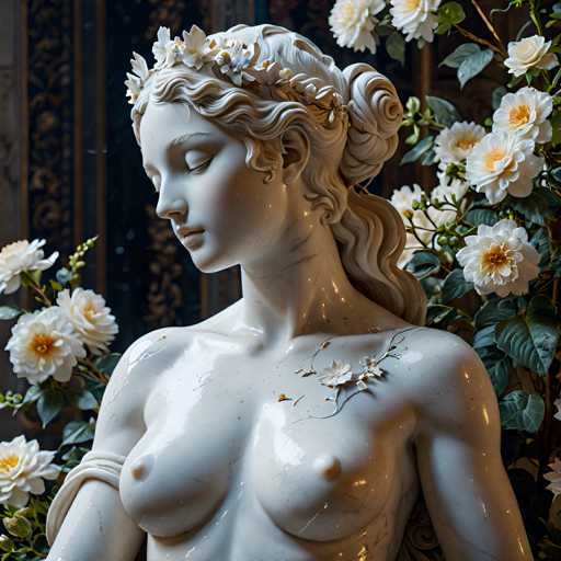 A white marble statue of a woman with long hair and a crown on her head is the central focus of the image. The statue is adorned with gold accents that add an air of elegance to its appearance. The background features a black and white patterned wall, which contrasts beautifully with the white marble of the statue. A plant can be seen in the bottom right corner of the image.