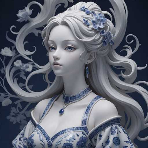 The image depicts a white statue of a woman with long blonde hair and blue eyes, wearing a blue dress adorned with flowers. The statue is set against a dark blue background featuring intricate floral designs.