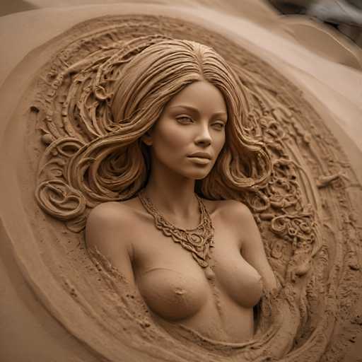 The image shows a clay sculpture of a woman with long hair and a necklace. The sculpture is in the process of being carved or painted, suggesting it may be a work of art or a decorative piece rather than an actual object.
