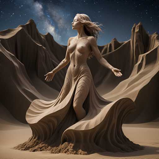 A woman is depicted as a statue standing on a sandy beach at night with her arms outstretched and her legs spread apart. The background features a dark sky filled with stars and mountains that stretch into the distance.