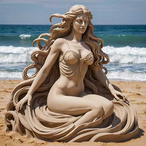A sand sculpture of a woman with long hair and a flowing dress is the central focus of the image. The sculpture is positioned on a beach, facing towards the ocean. The background features the vast expanse of the ocean meeting the sky at the horizon line.