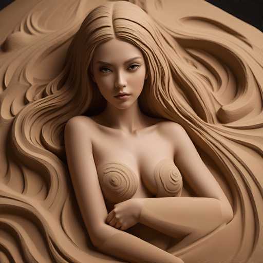 The image shows a clay sculpture of a woman with long blonde hair and large breasts. The sculpture is rendered in a realistic style, capturing the intricate details of the human form.