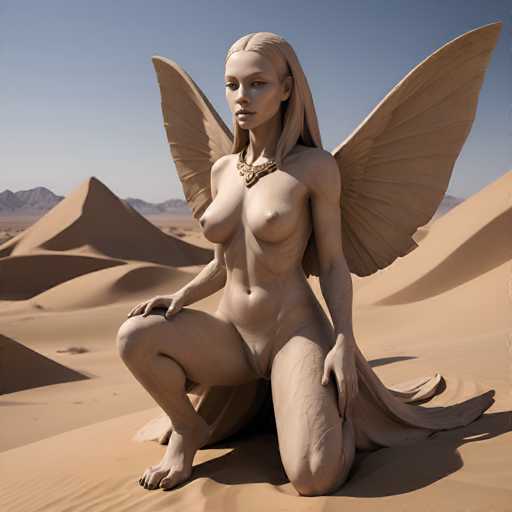 A statue of a woman with long blonde hair and wings is depicted sitting on the ground in a desert setting. The statue is made from white material and features intricate details that give it a lifelike appearance.