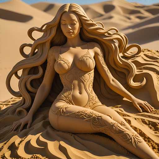 A bronze statue of a woman with long hair and a braided hairstyle is depicted on a sandy beach. The statue shows the woman's legs crossed and her arms resting on her knees in a relaxed pose.