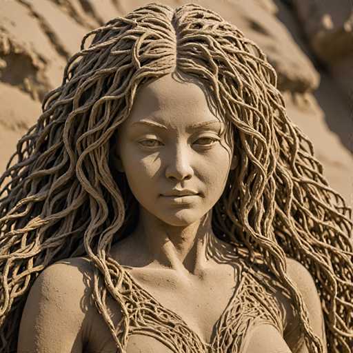 The image shows a close-up view of a sculpture depicting a woman with long, curly hair and a flowing dress. The sculpture is made from a material that appears to be clay or sand, giving it an earthy and organic feel. The artist's attention to detail is evident in the intricate design of the sculpture, which includes facial features such as eyes and a nose.