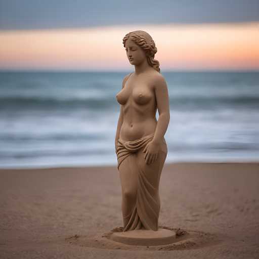 A bronze statue of a woman standing on a beach with her hands on her hips and a skirt around her waist.