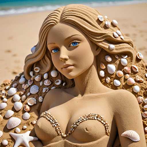 A sand sculpture of a woman with blonde hair and blue eyes is the central focus of this image. The sculpture is adorned with seashells and starfish, adding texture and depth to its appearance. The background features a beach setting with the ocean visible in the distance.