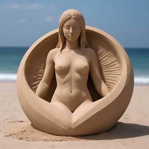 A sand sculpture of a nude woman with long hair and a serene expression is the central focus of this image. The sculpture is crafted from light beige sand and is positioned on a sandy beach, facing towards the right side of the frame. The background features a clear blue sky and the ocean in the distance, creating a tranquil atmosphere around the artwork.