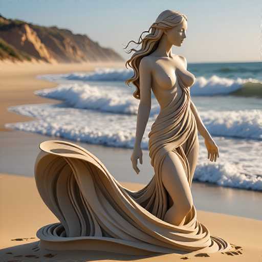 A bronze statue of a woman with long hair and flowing dress is situated on the beach near the water's edge. The statue depicts the figure as naked, with her arms outstretched towards the ocean.