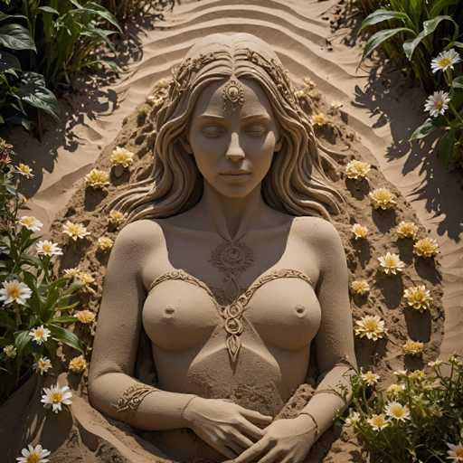 A sand sculpture of a woman with long hair and a gold headdress is the central focus of the image. The sculpture is surrounded by yellow flowers on either side, creating a harmonious balance between nature and artistry.
