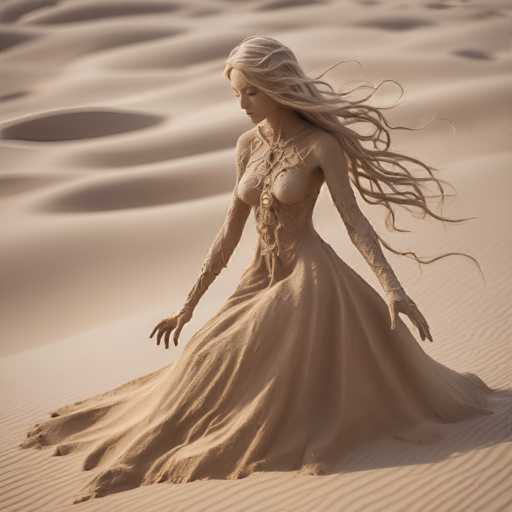 A woman with blonde hair is depicted wearing a long dress and holding her hands out towards the ground, which appears to be covered in sand dunes. The image does not contain any discernible text or other objects.