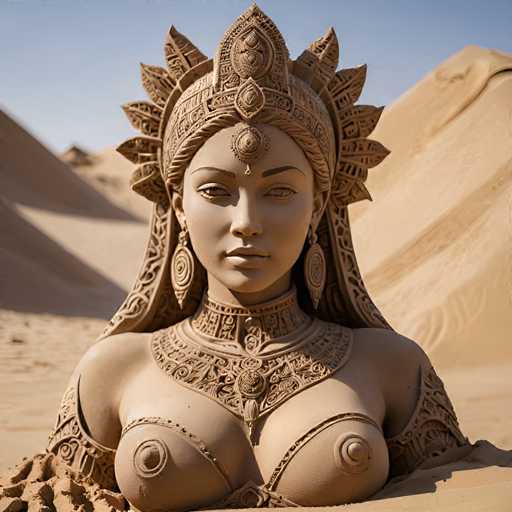 The image shows a large sand sculpture of a woman's bust and neck, carved from brown clay with intricate designs and patterns. The sculpture is positioned on the ground, surrounded by sand dunes in the desert-like setting.
