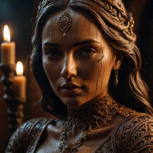 The image depicts a woman with long brown hair and dark skin wearing a gold necklace and earrings. She is looking directly at the camera with an intense gaze. The background features two candles, one on each side of her face, casting a warm glow that illuminates her features.