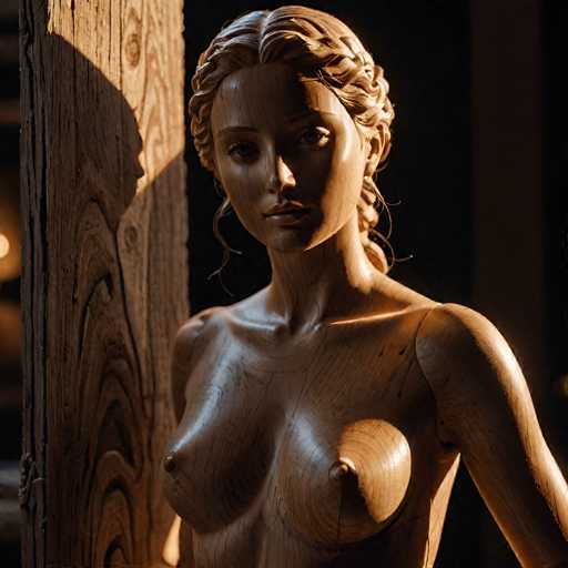 A wooden bust sculpture is positioned against a dark background with a light source from the left side casting a shadow on its right side. The sculpture features a woman's face and shoulders, with her breasts clearly visible.